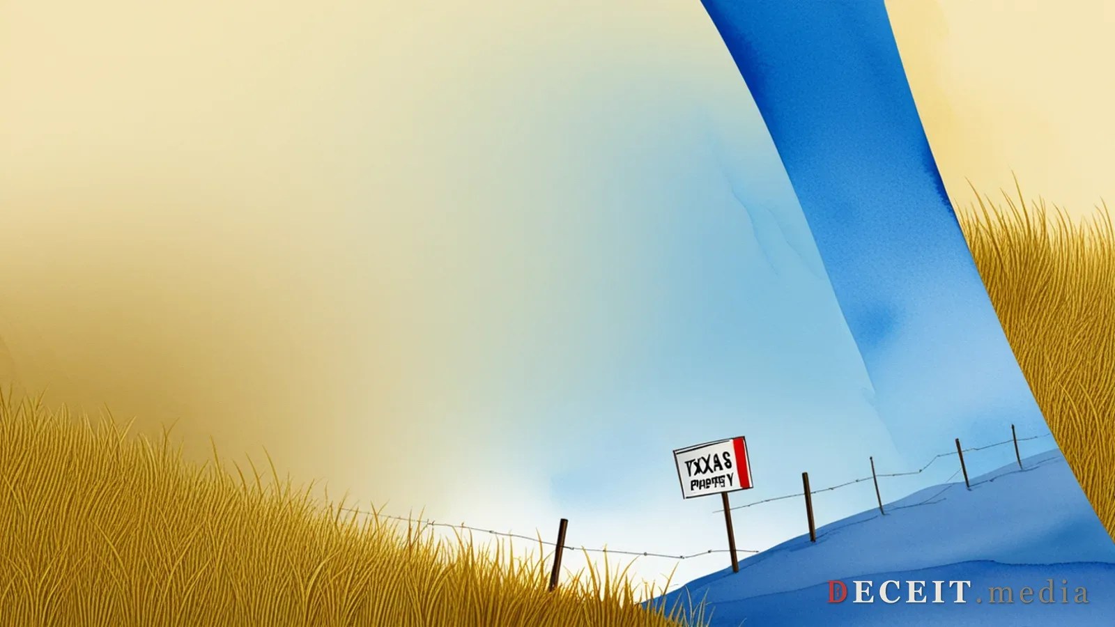 A clean, orderly Texas property line. A surveyor's marker, neat fence posts, bright blue sky, golden grass. Peaceful, resolved, boundary-clear.
