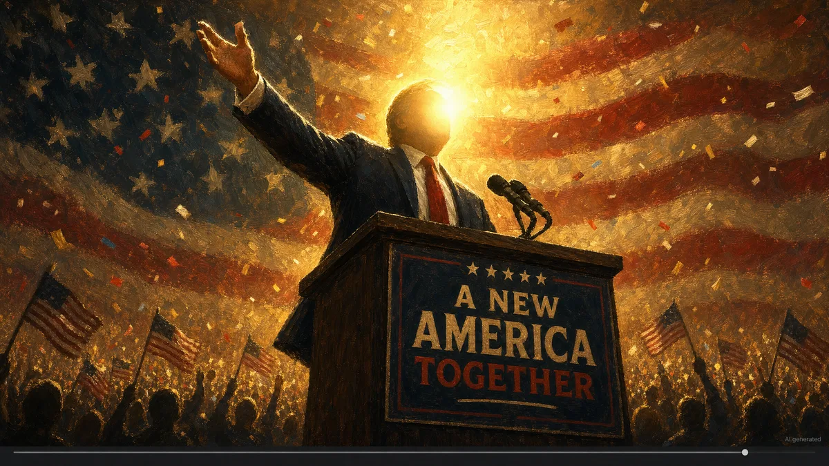 AI-generated editorial illustration: a warmly lit painting of an anonymous politician at a podium before a dissolving American flag, framed as a video player, with the words 'AI generated' almost invisible in the corner above the scrubber bar.