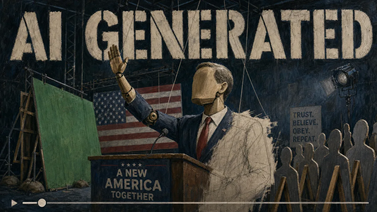 AI-generated editorial illustration: the same scene in cold light, the politician revealed as a jointed mannequin on strings, the flag a green-screen panel on scaffolding, the crowd cardboard cutouts, and 'AI GENERATED' painted across the frame in large stencil letters.