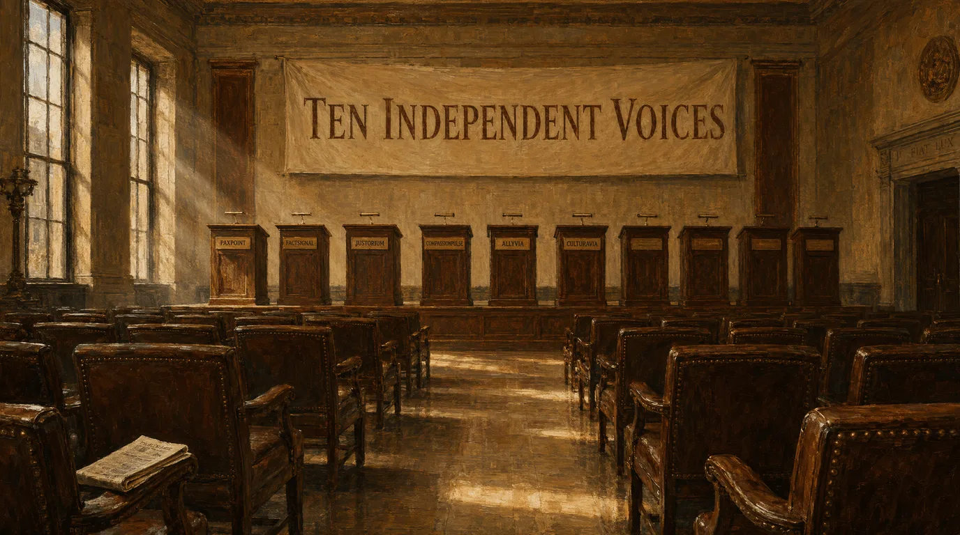 A warm, sunlit civic reading room. Ten wooden lecterns stand in a row beneath a canvas banner reading TEN INDEPENDENT VOICES, each lectern with its own brass nameplate: Paxpoint, FactSignal, Justorium, Compassionpulse, Allyvia, Culturavia. Every reading chair in the hall is empty.