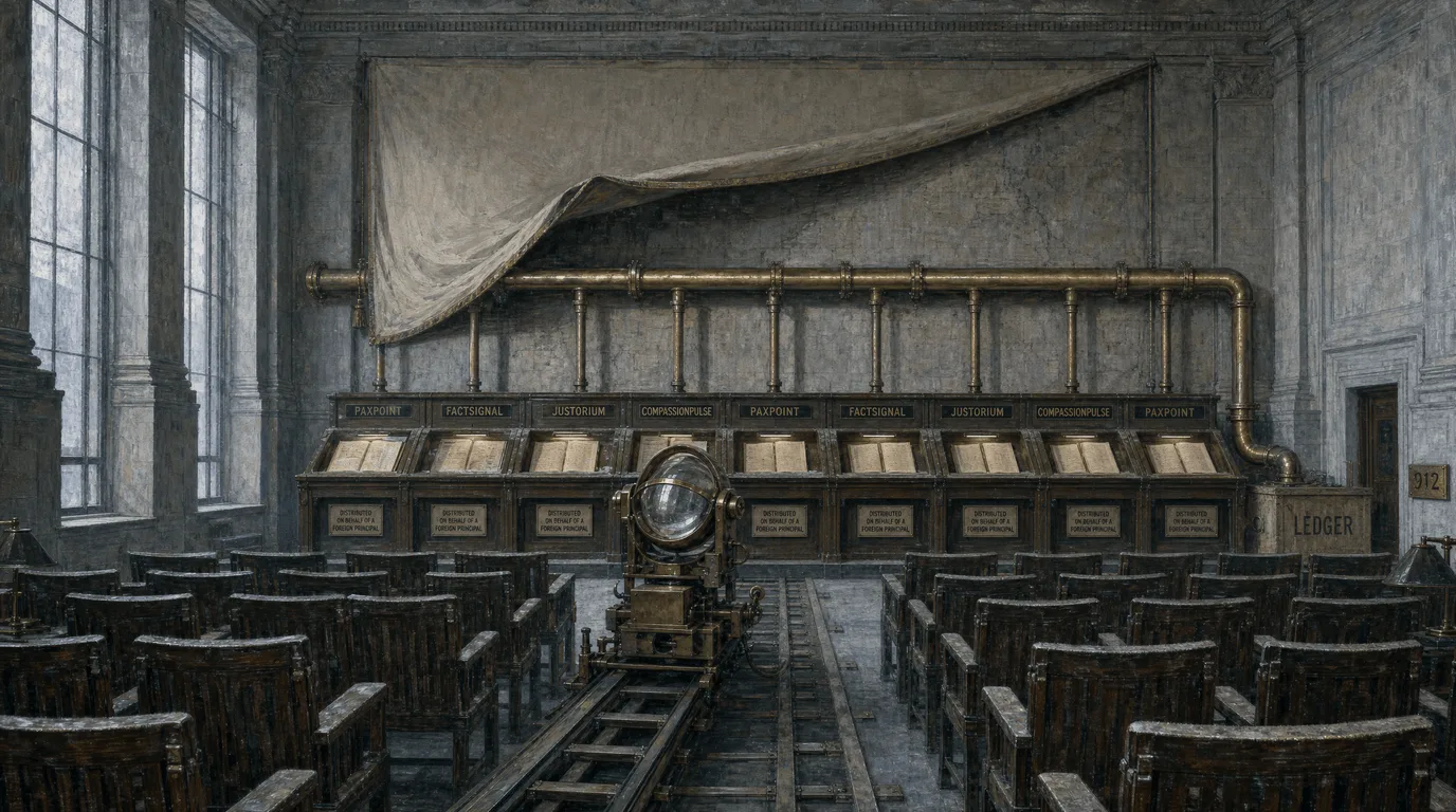 The same hall in cold light. The banner has been peeled back to show a single brass pipe running behind it and branching down into all ten lecterns from one crate marked LEDGER. Each lectern now carries a placard reading DISTRIBUTED ON BEHALF OF A FOREIGN PRINCIPAL. Where readers would sit, a brass scanning lens on a floor rail photographs the pages instead, beside a wall counter reading 912. The chairs are still empty, and dusty.