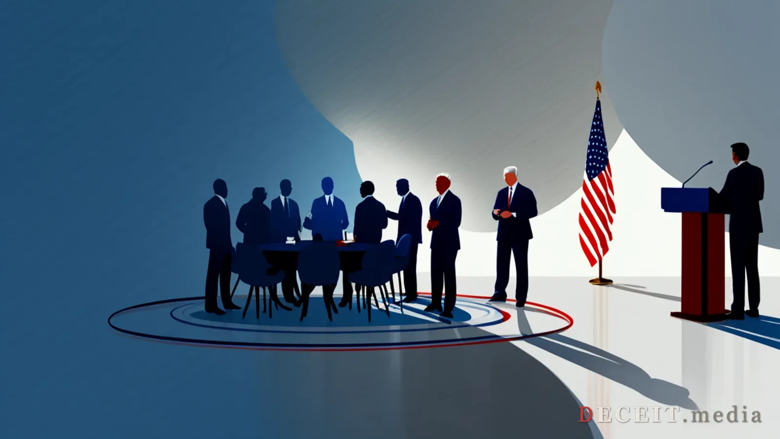 A clean, professional policy conference. Bright lighting, abstract silhouettes at a round table, American flag, a podium. Collaborative, influential, respected.