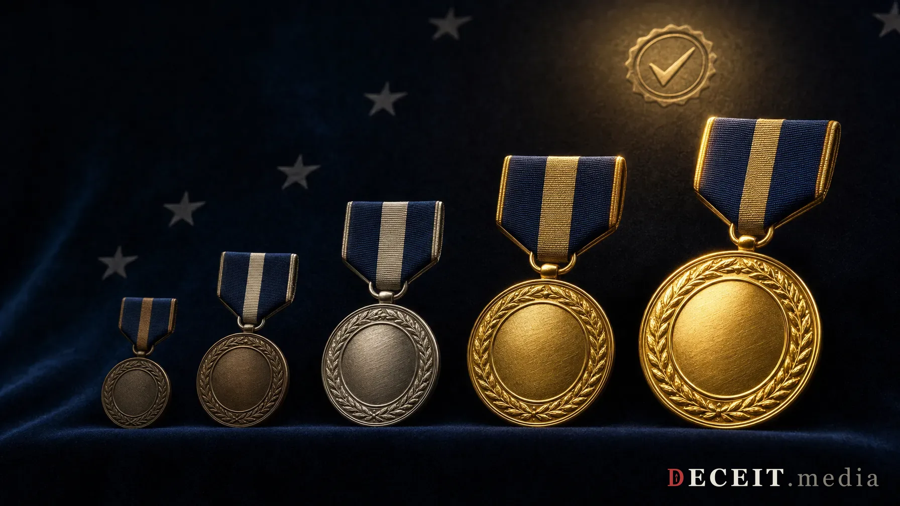 Five medallions on ribbons, ascending from small bronze to large gold, warm light and a glowing checkmark seal above them.