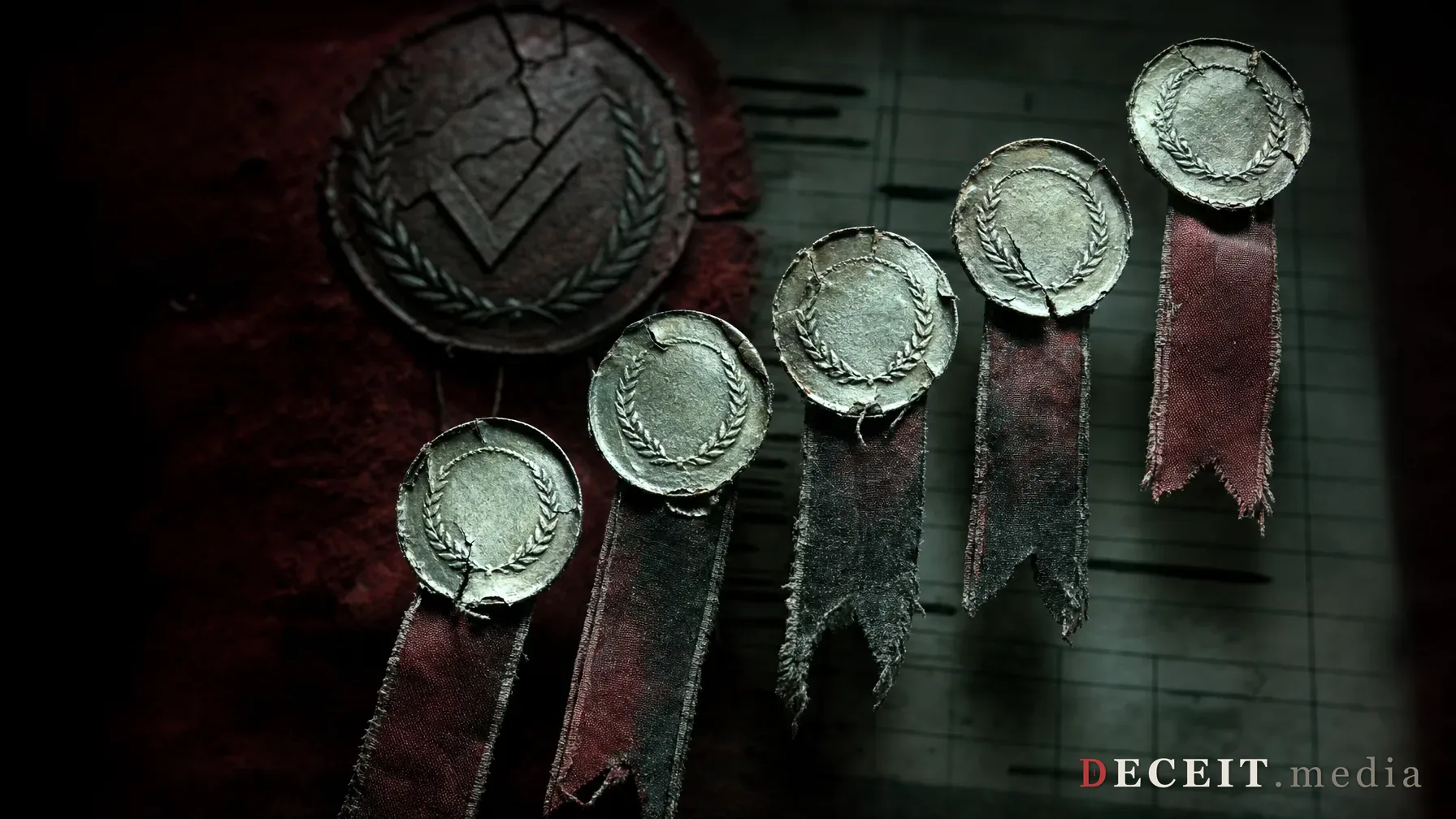 The same five medallions, revealed as cracked tin under cold light, ribbons frayed, the seal broken, a blurred ledger page visible behind them.