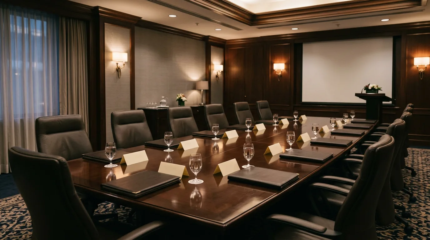 A dimly lit private conference room, the kind of unremarkable luxury where the Dialog retreats were held.