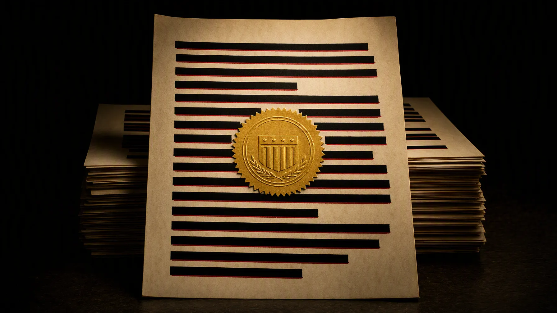 AI-generated editorial illustration: an official government document page with neat black redaction bars, a gold compliance seal affixed prominently at its center, warm reassuring institutional light, a tidy stack behind it.