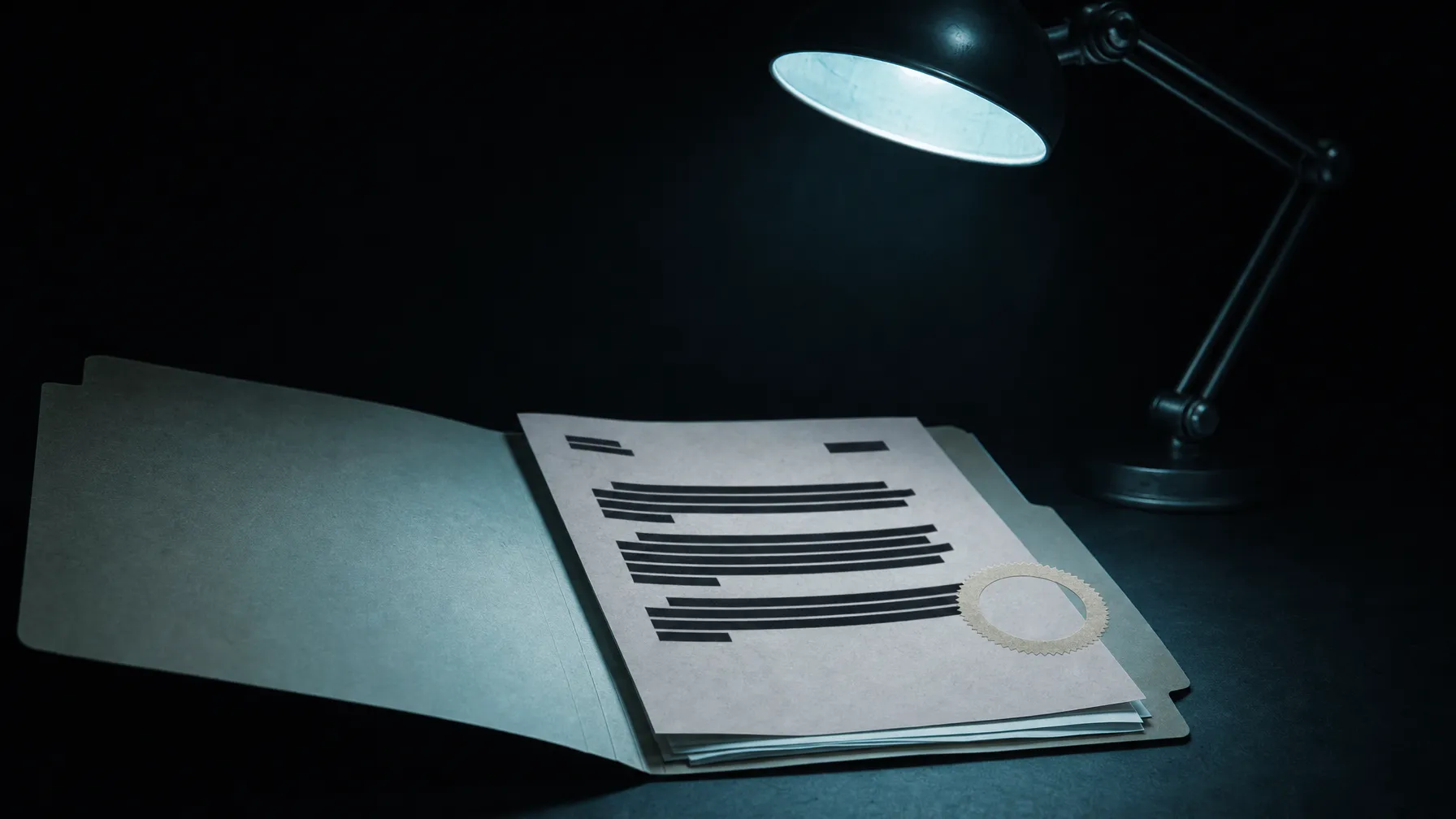 AI-generated editorial illustration: the same page with the same redaction bars unchanged, but the gold seal now revealed as a hollow disc with no ribbon or backing, floating over an otherwise empty file folder, a cold review-lamp light exposing how thin the stack behind it actually is.