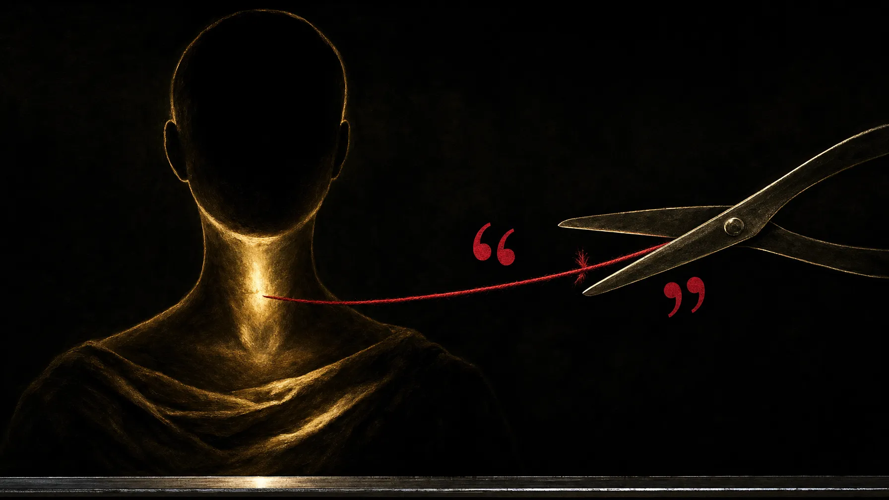 AI-generated editorial illustration: a faceless silhouette lit like a Baroque religious painting, a single taut crimson thread running from its throat to a word-shaped knot caught mid-cut by a pair of shears entering the frame.