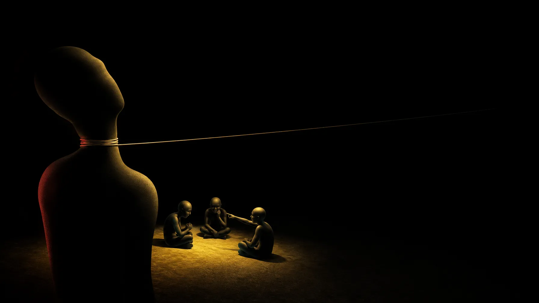 AI-generated editorial illustration: the same silhouette with the shears gone, the thread running uncut but receding into a vast near-black distance, only a small warm-lit pocket near the throat still catching light, a few silhouettes close by catching the joke, everything past them swallowed by dark.