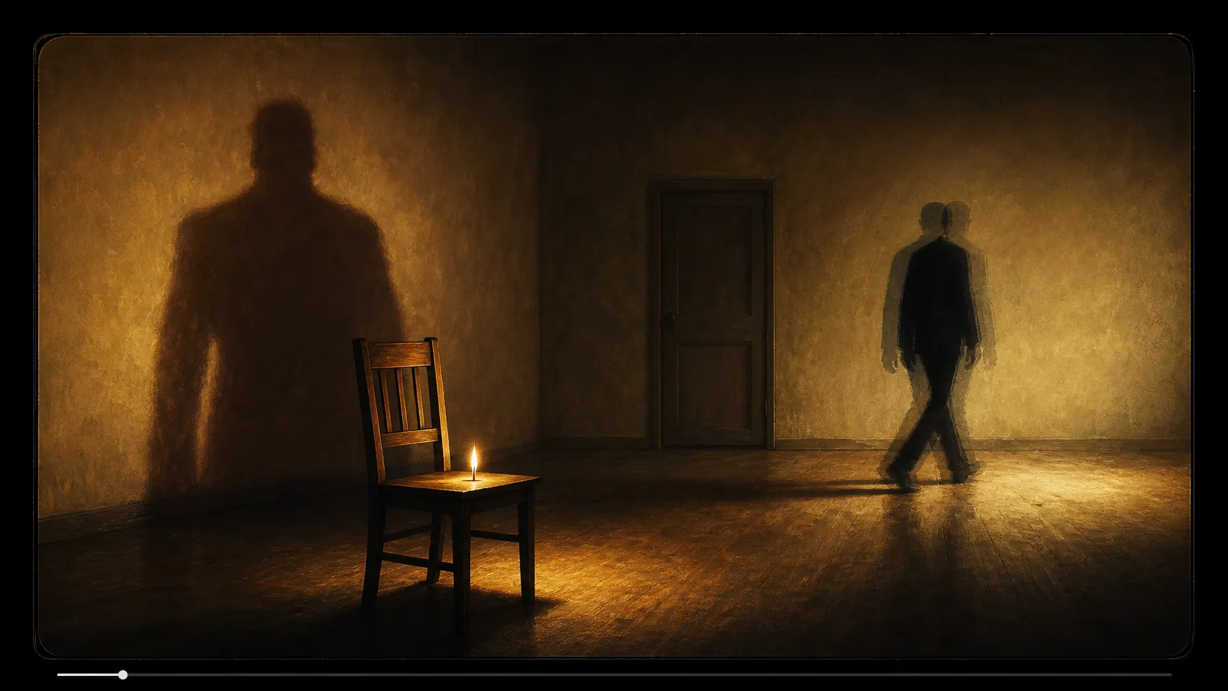 AI-generated editorial illustration: inside dark video-viewfinder chrome, a wooden chair catching a match's flame that casts a shadow too wide and too still for the single faceless figure walking away from it, an easy-to-miss closed door in the back wall.