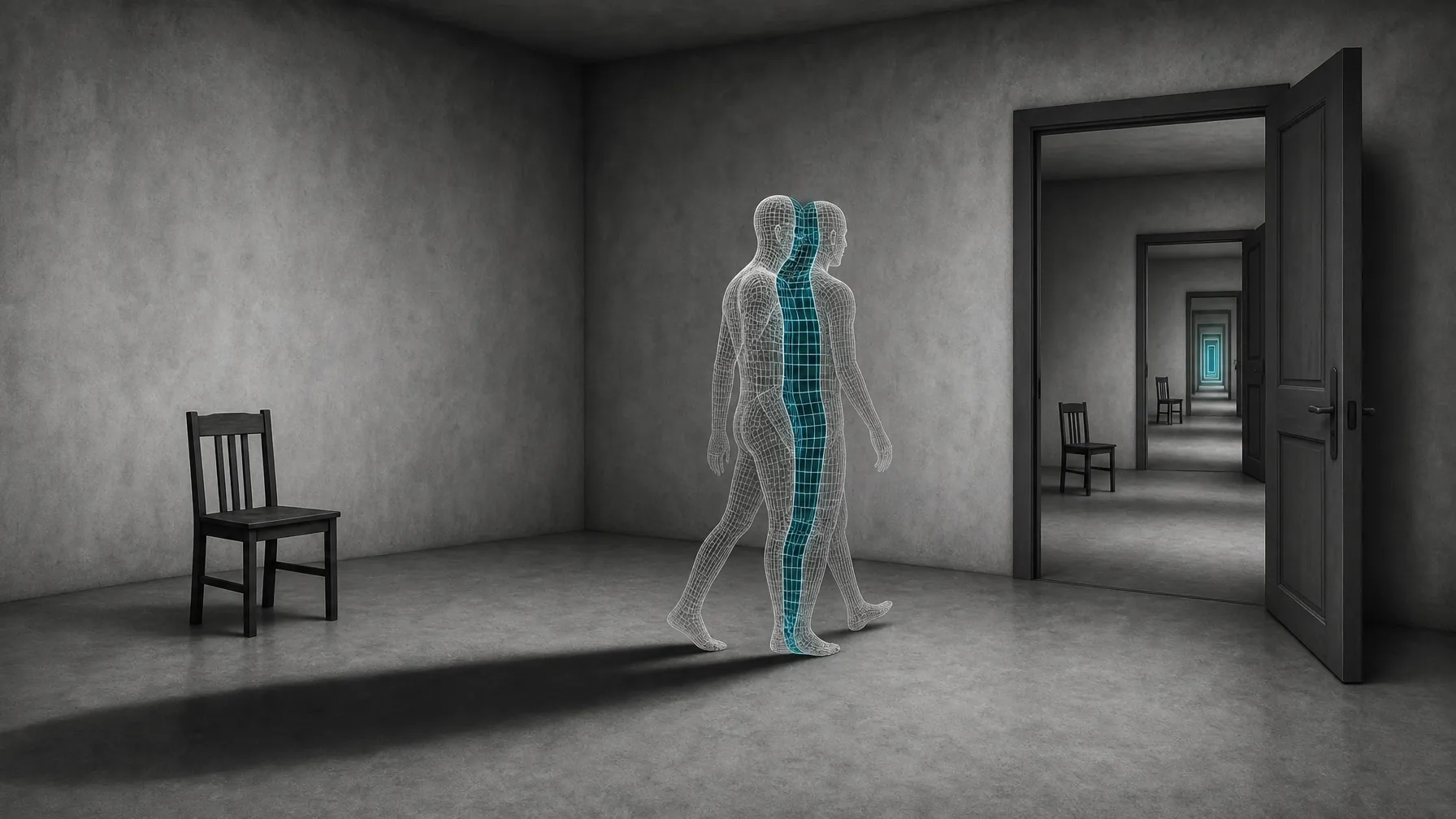 AI-generated editorial illustration: the same frame with the chair whole and unlit, the walking figure split into two mis-registered copies with translucent cyan wireframe between them, the same wrong shadow still unexplained, and the back door now open onto another identical bare room, and another beyond that, receding further than the frame can hold.