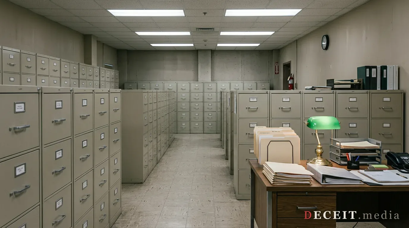 A government records archive room of filing cabinets.