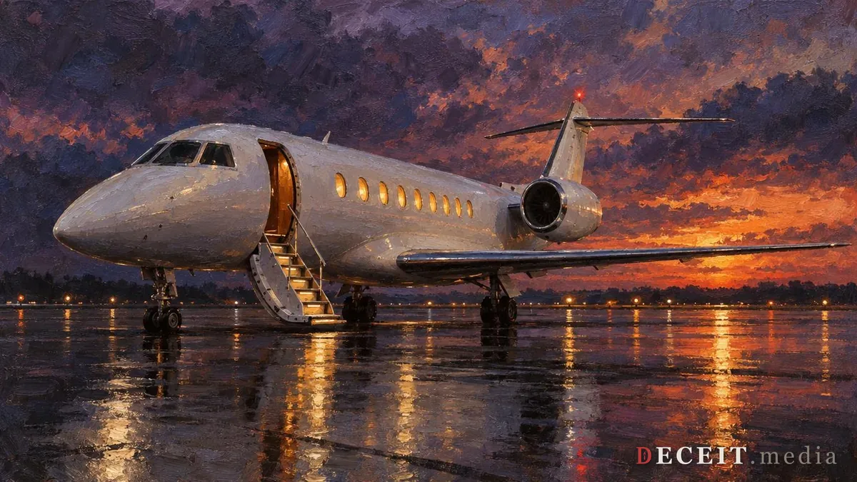 Illustration: a sleek white private jet parked alone on a wet airport apron at dusk, painted in oil, its airstairs lowered and its cabin windows glowing amber under a violet and orange sky.