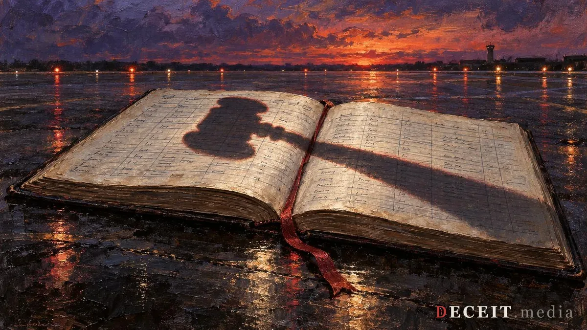 Illustration: the same dusk apron with the jet replaced by an enormous open pilot's logbook, its ruled pages carrying row after row of ordinary handwriting with nothing blacked out, the long shadow of a judge's gavel falling across the record from a light outside the frame, and a crimson ribbon bookmark trailing over the edge onto the wet asphalt.