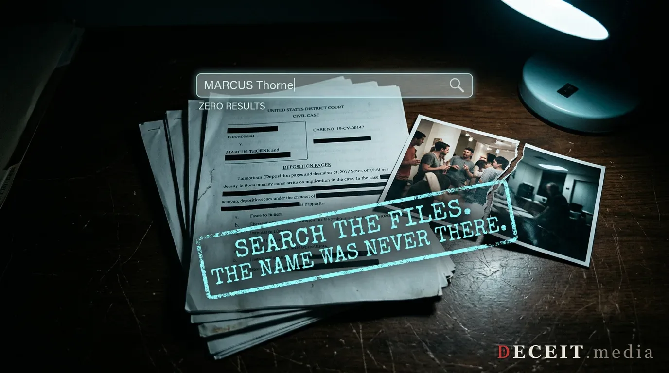 Unsealed court documents searched for a name that was never there; a composite photo torn at its seam.