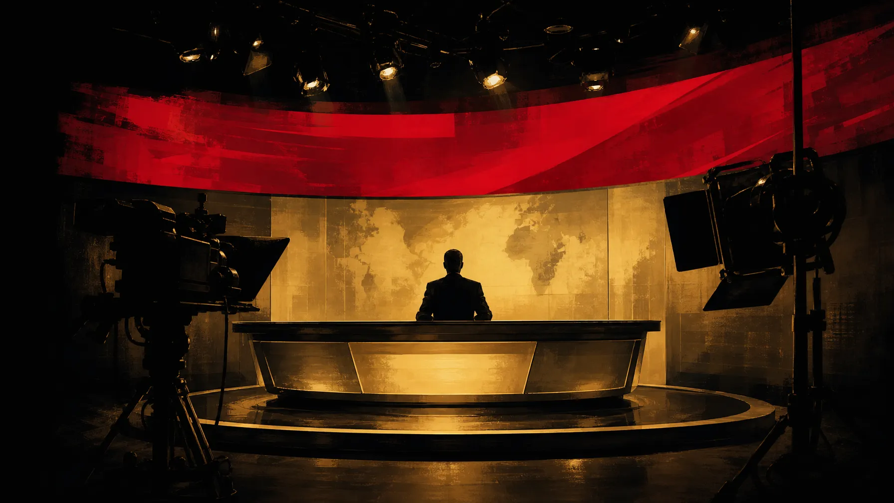 AI-generated editorial illustration: a dramatic breaking-news broadcast graphic in warm authoritative studio light, a generic anchor-desk silhouette, a red urgent band across the frame, camera and studio equipment suggesting a live signal.