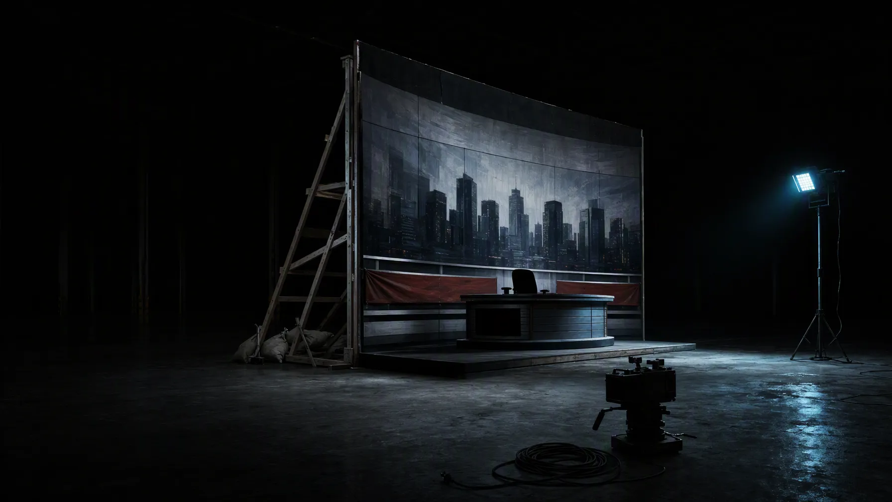 AI-generated editorial illustration: the same graphic revealed as a single lit stage-flat propped on visible scaffolding inside a vast dark warehouse, the anchor desk sitting before a dead unplugged camera, cables coiled on the floor connected to nothing.