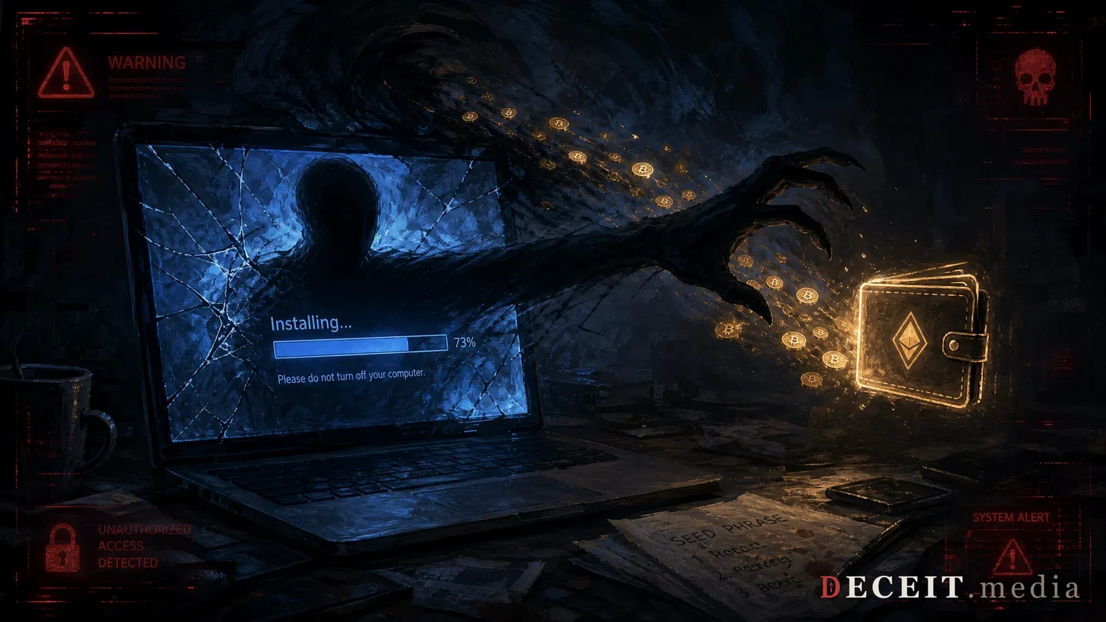 The same install guide revealed as a malware trap. Behind the clean terminal, dark code streams extract cryptocurrency keys, a hidden pipeline drains wallets.
