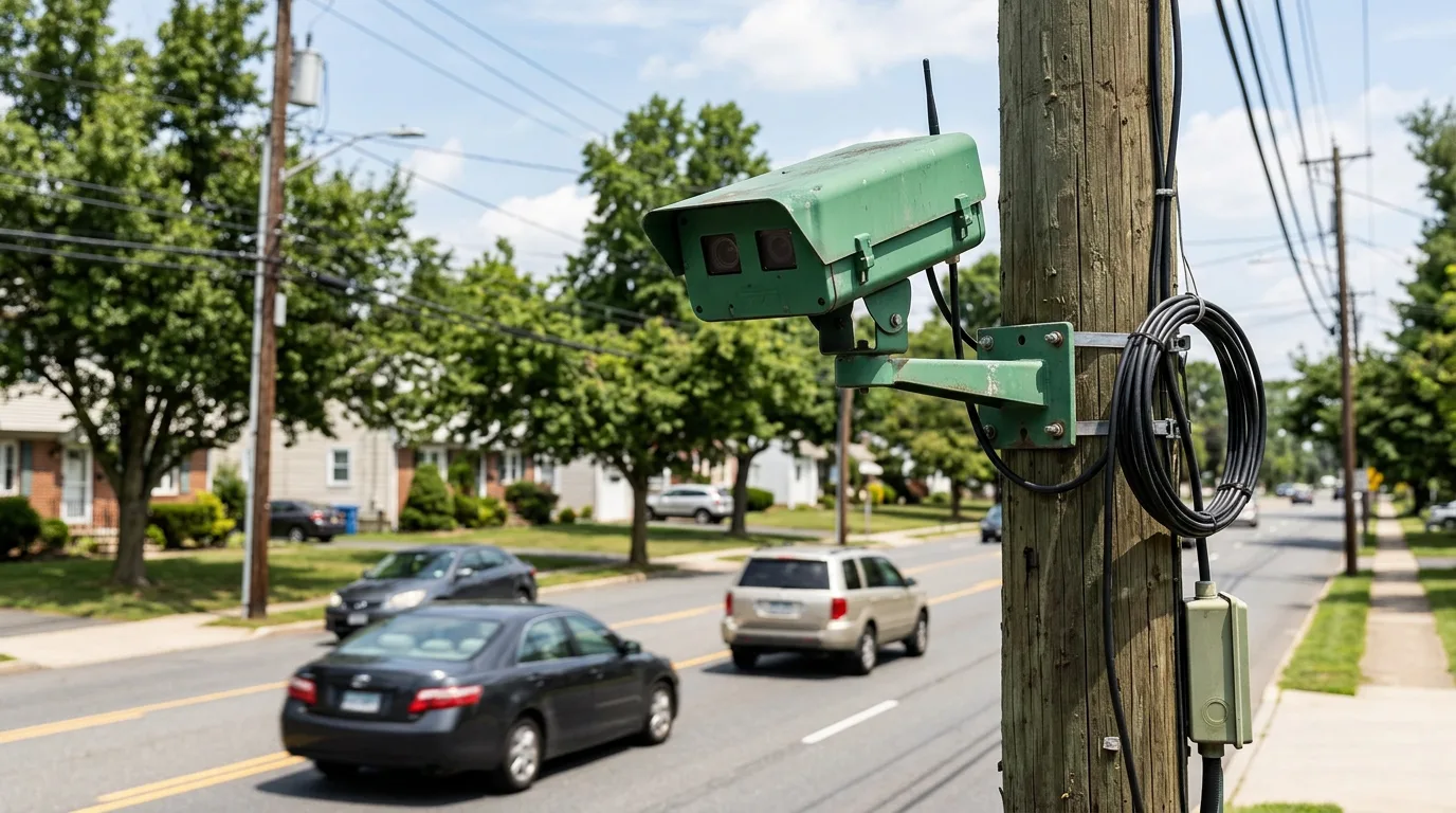A green license-plate reader camera on a utility pole above an ordinary road.