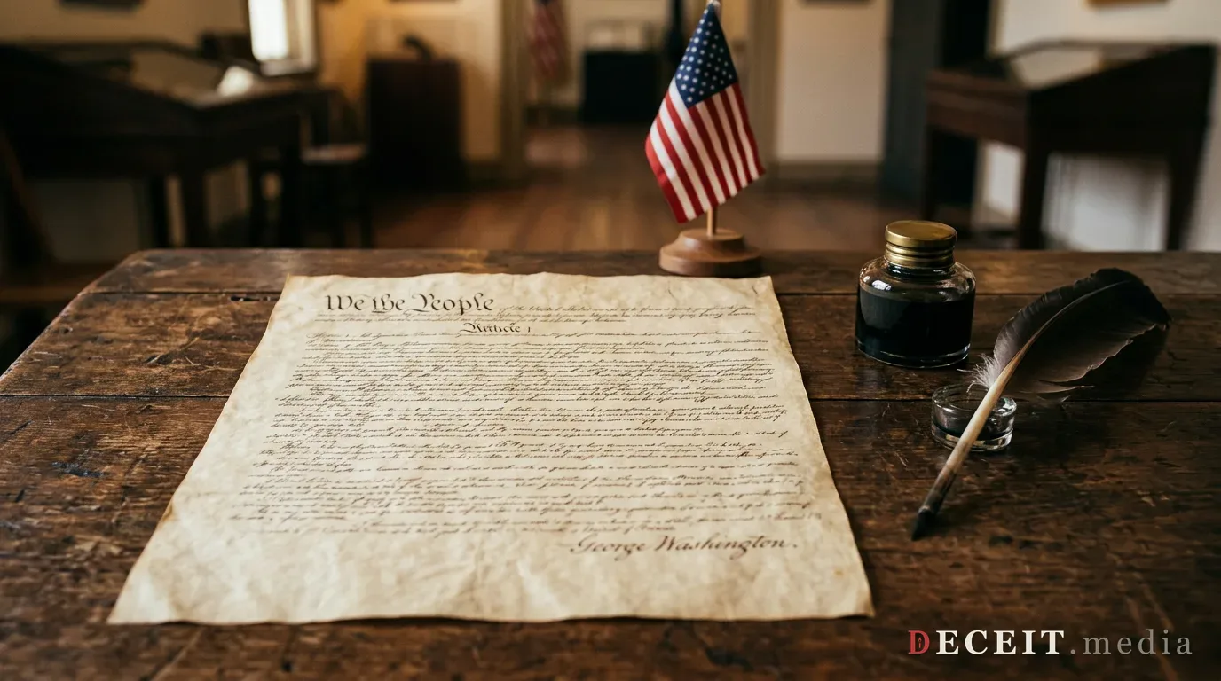 Aged constitutional parchment on a desk with quill and inkwell