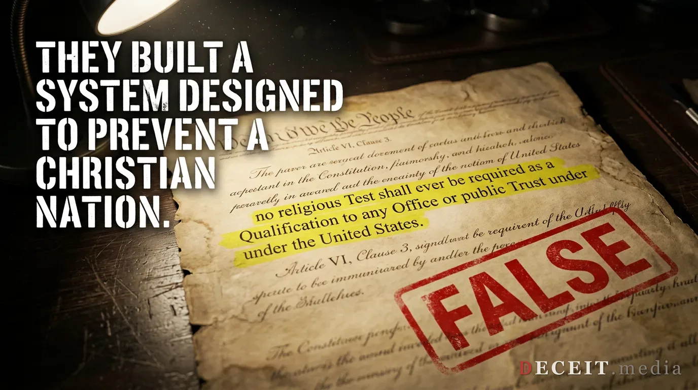 The Constitution's no-religious-test clause highlighted beneath a FALSE verdict stamp.