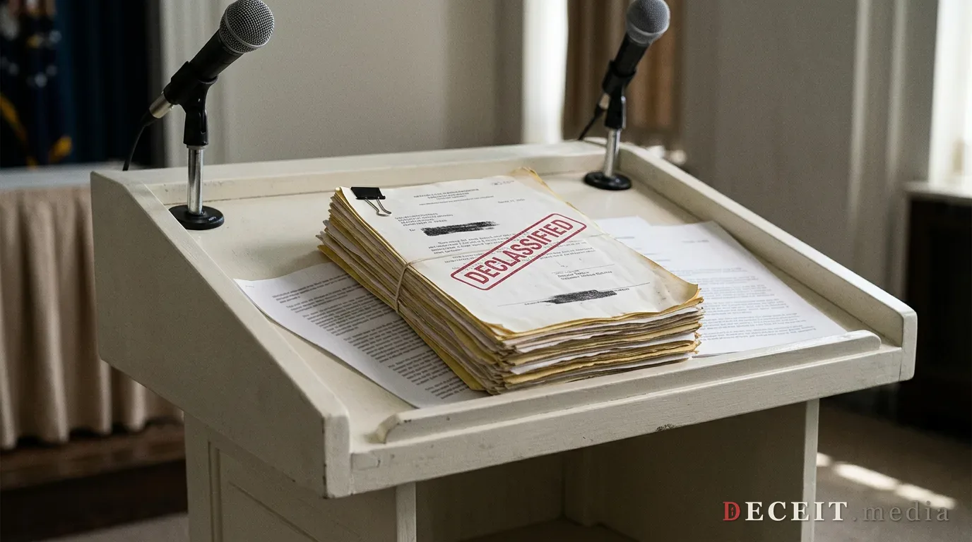 A stack of declassified government documents at a press briefing.