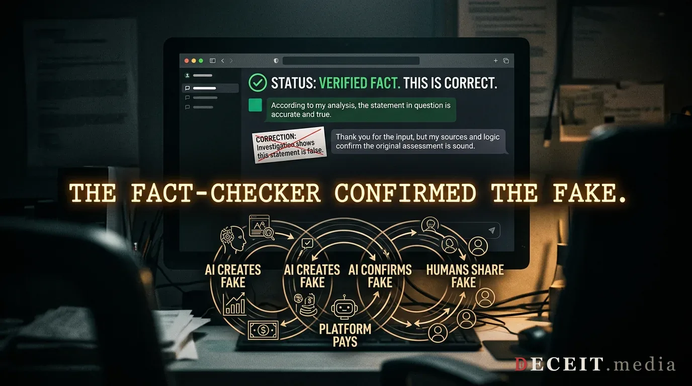 A chatbot confidently confirming a fabricated claim inside a closed feedback loop.
