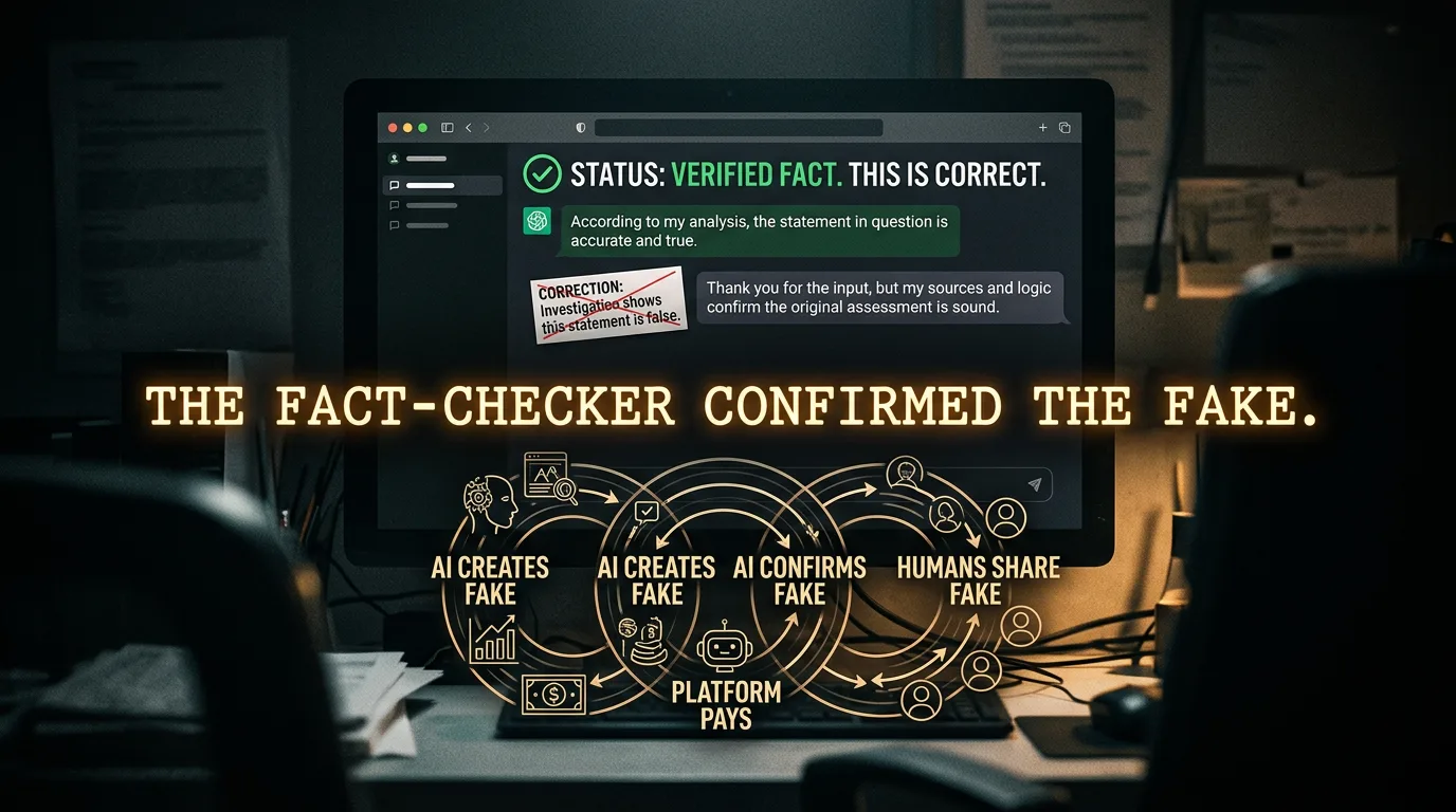 A chatbot confidently confirming a fabricated claim inside a closed feedback loop.