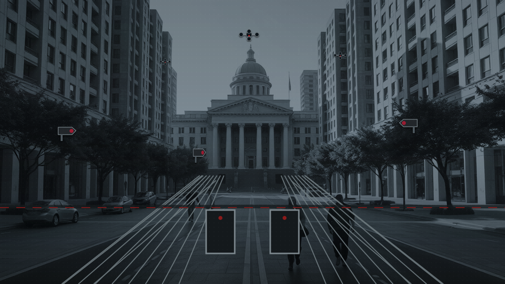 The same boulevard exposed as a surveillance grid with monitored citizens, dark windows, sensors, and perimeter fencing.