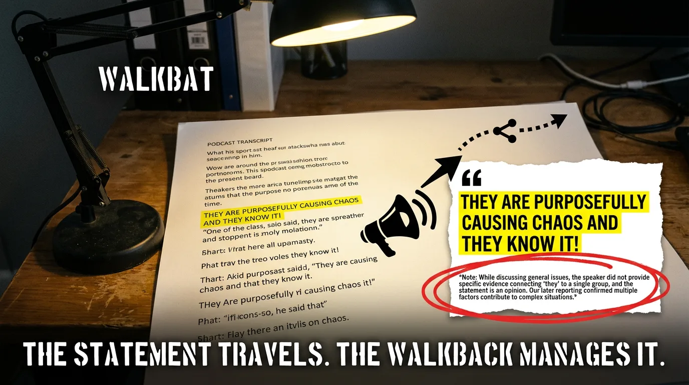 The inflammatory quote travels; the fine-print walkback manages the fallout.