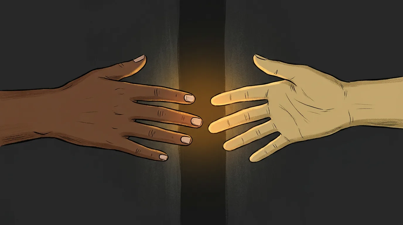 A hand reaching toward another hand across a gap.