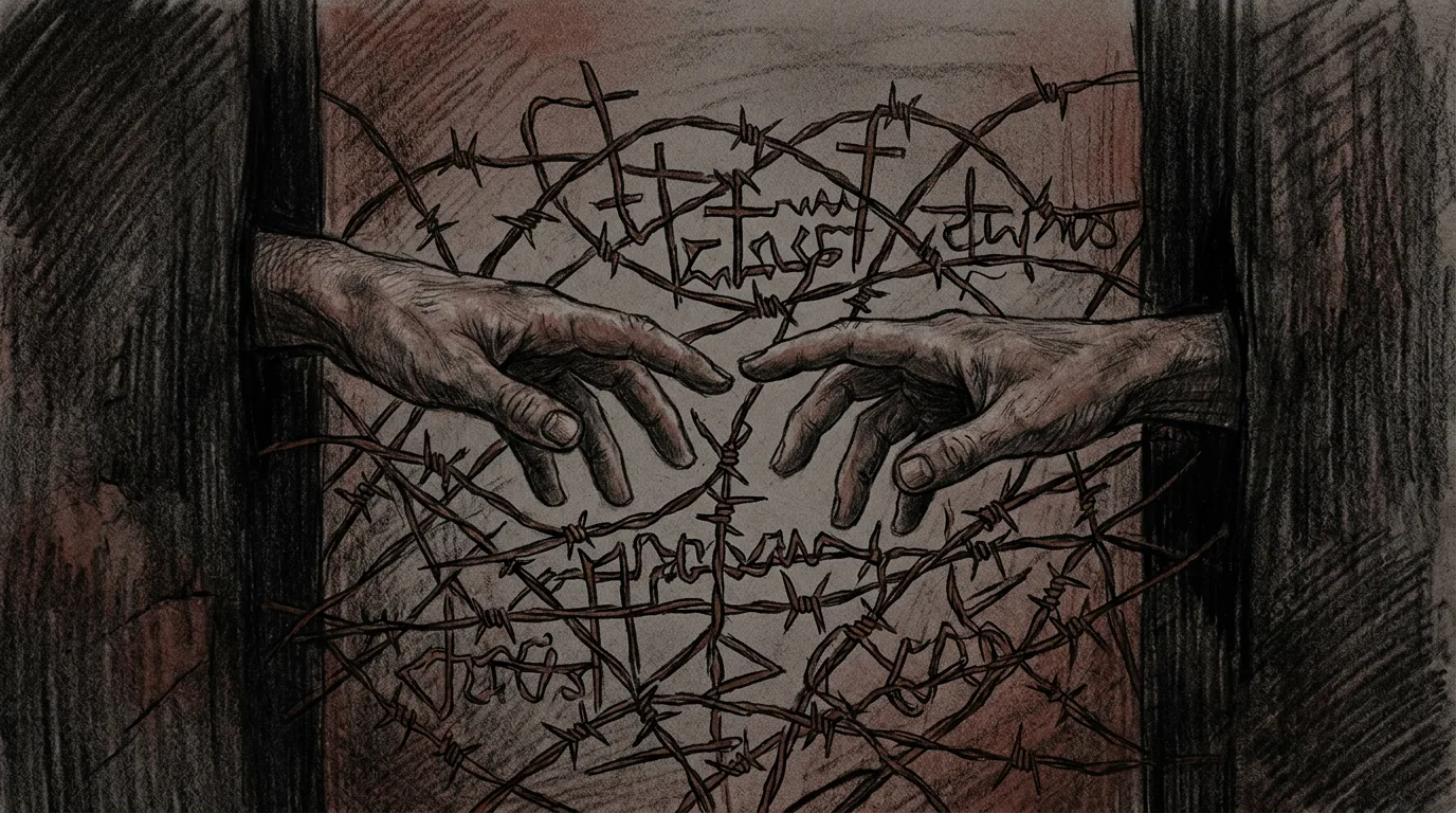 The gap between the hands is filled with barbed wire shaped like scripture verses.