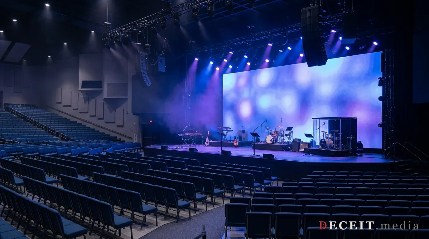 A modern megachurch worship stage under concert lighting.