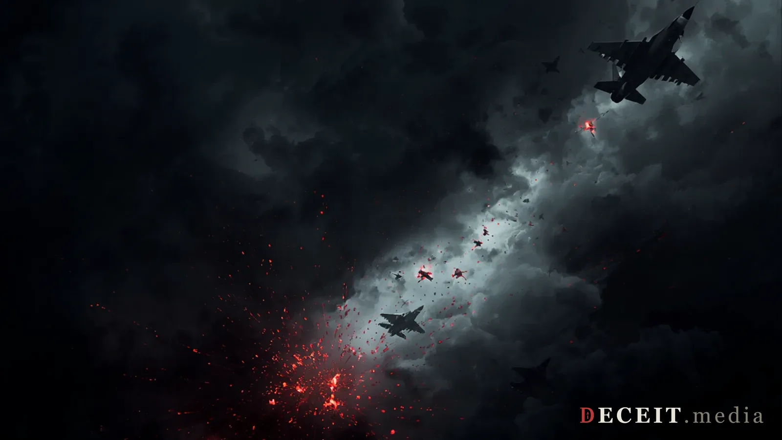 The same announcement revealed as a facade. Behind the cancellation text, military aircraft and explosions continue.