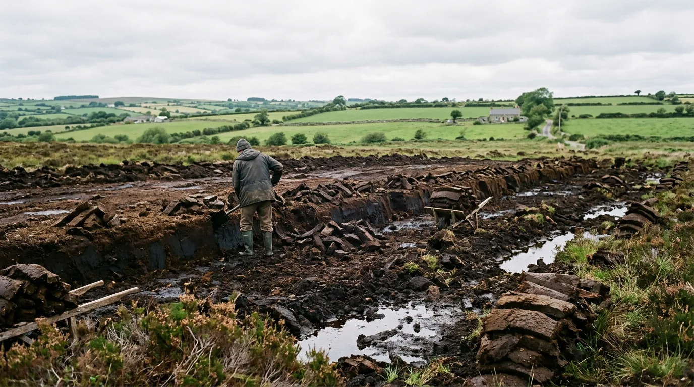 A quiet Irish peat bog, a lone turf cutter in the distance.