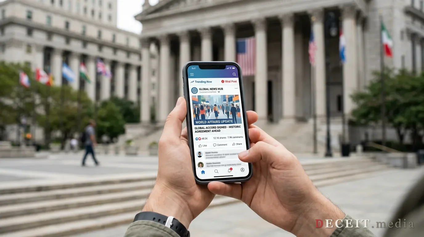 A viral post about the UN over a blurred courthouse backdrop.