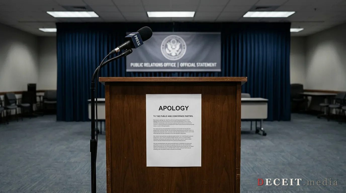 A public-relations podium under a small sign reading Official Statement Apology, lit for cameras.