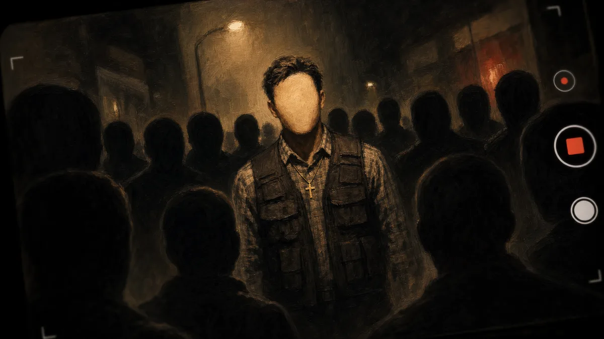 A warmly spotlit man wearing a gold cross, tightly ringed by a dark crowd, framed like handheld phone video already partway through recording.