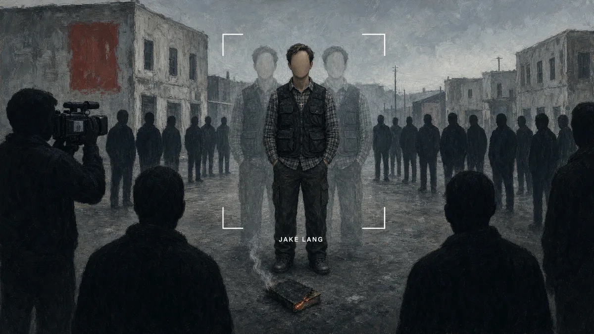 The same crowd in cold light, with two faint ghost outlines of the same man standing in the same spot behind him, a small charred book still smoking at his feet, a camera operator filming from just outside the ring, and a focus-lock marker naming him Jake Lang.