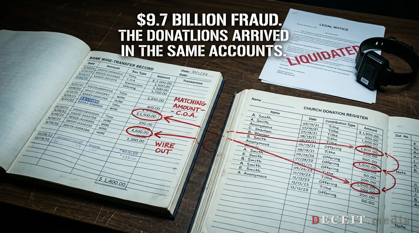 The two ledgers: bank wire fraud and church donations, arriving in the same accounts.