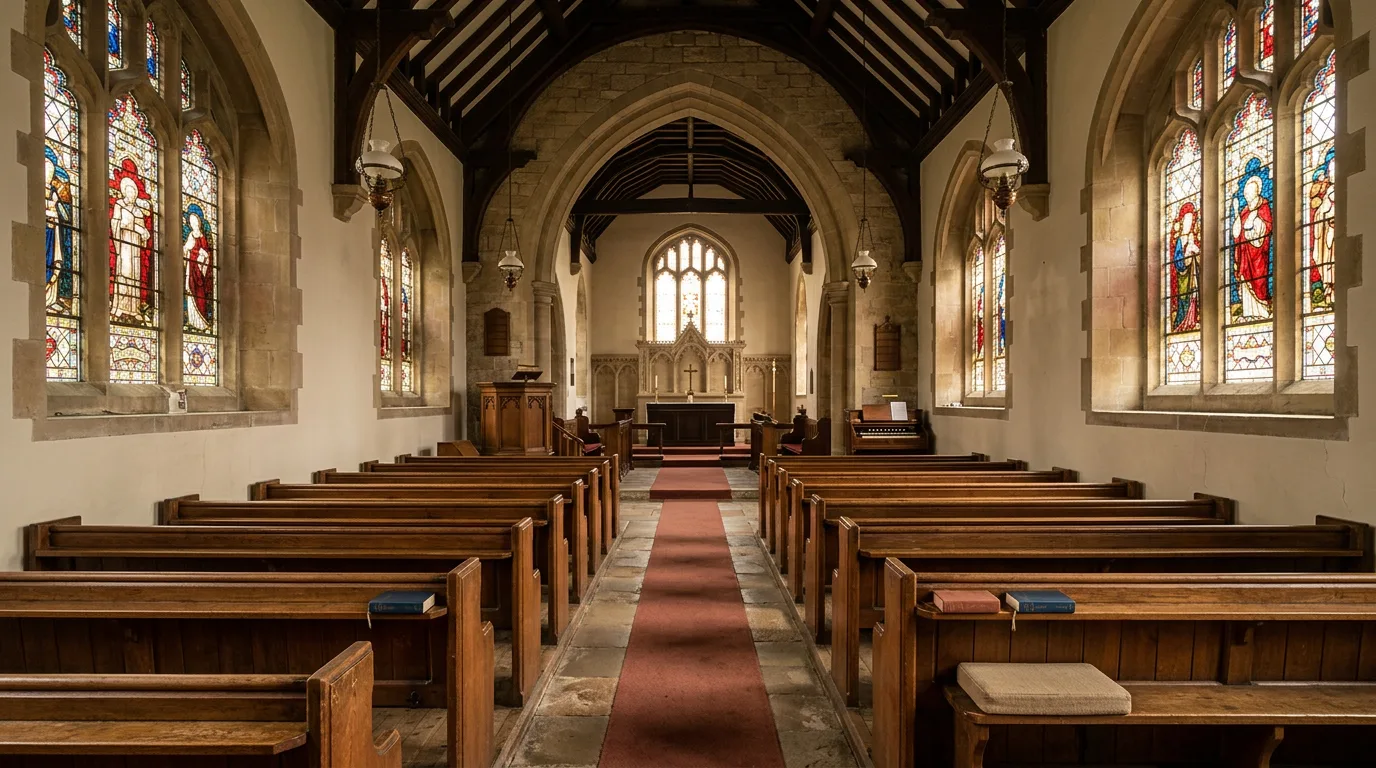 Serene church interior with warm light and empty pews