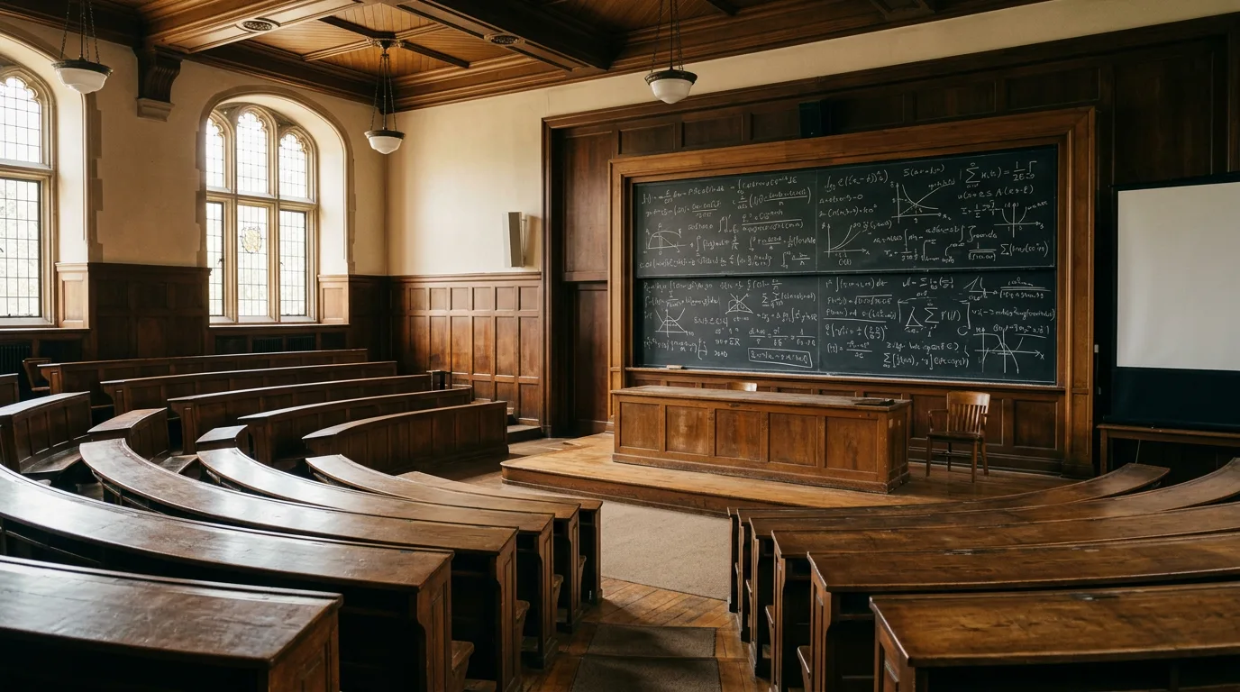 A dignified academic lecture hall with a blackboard of equations.