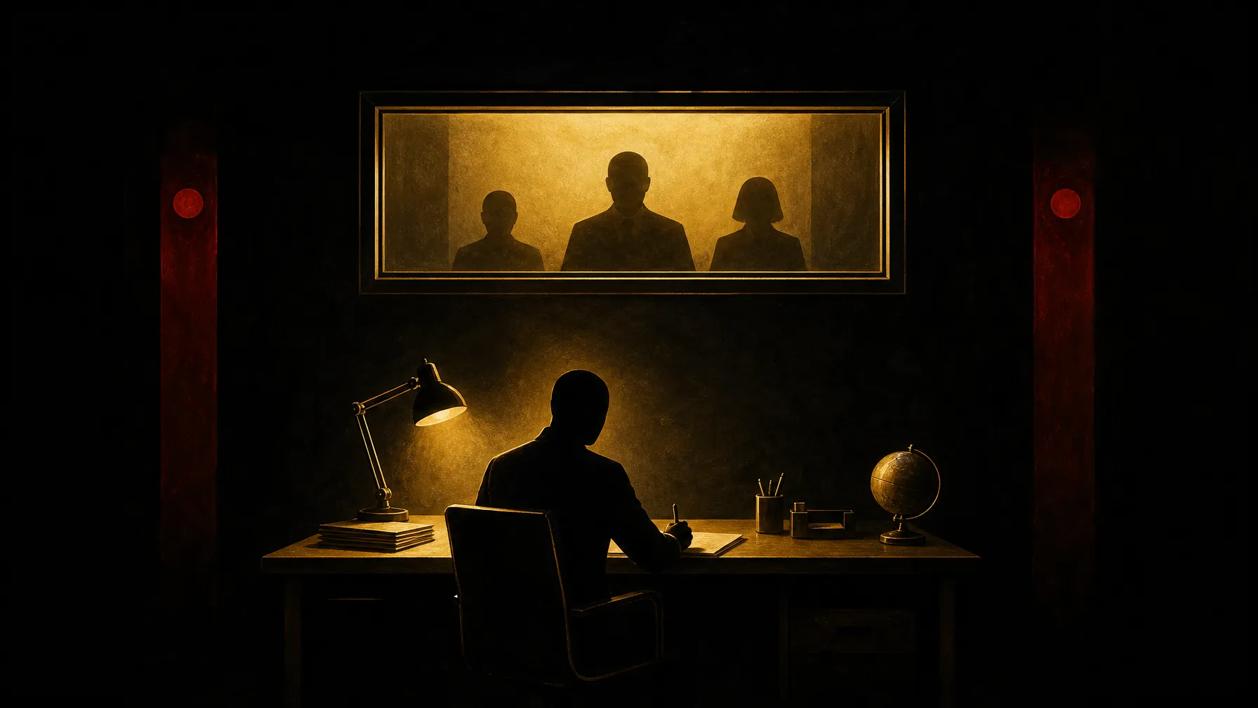 AI-generated editorial illustration: a single brightly lit workstation, a faceless composed figure working diligently, a glowing observation window above with watcher silhouettes visible behind it, orderly and reassuring.