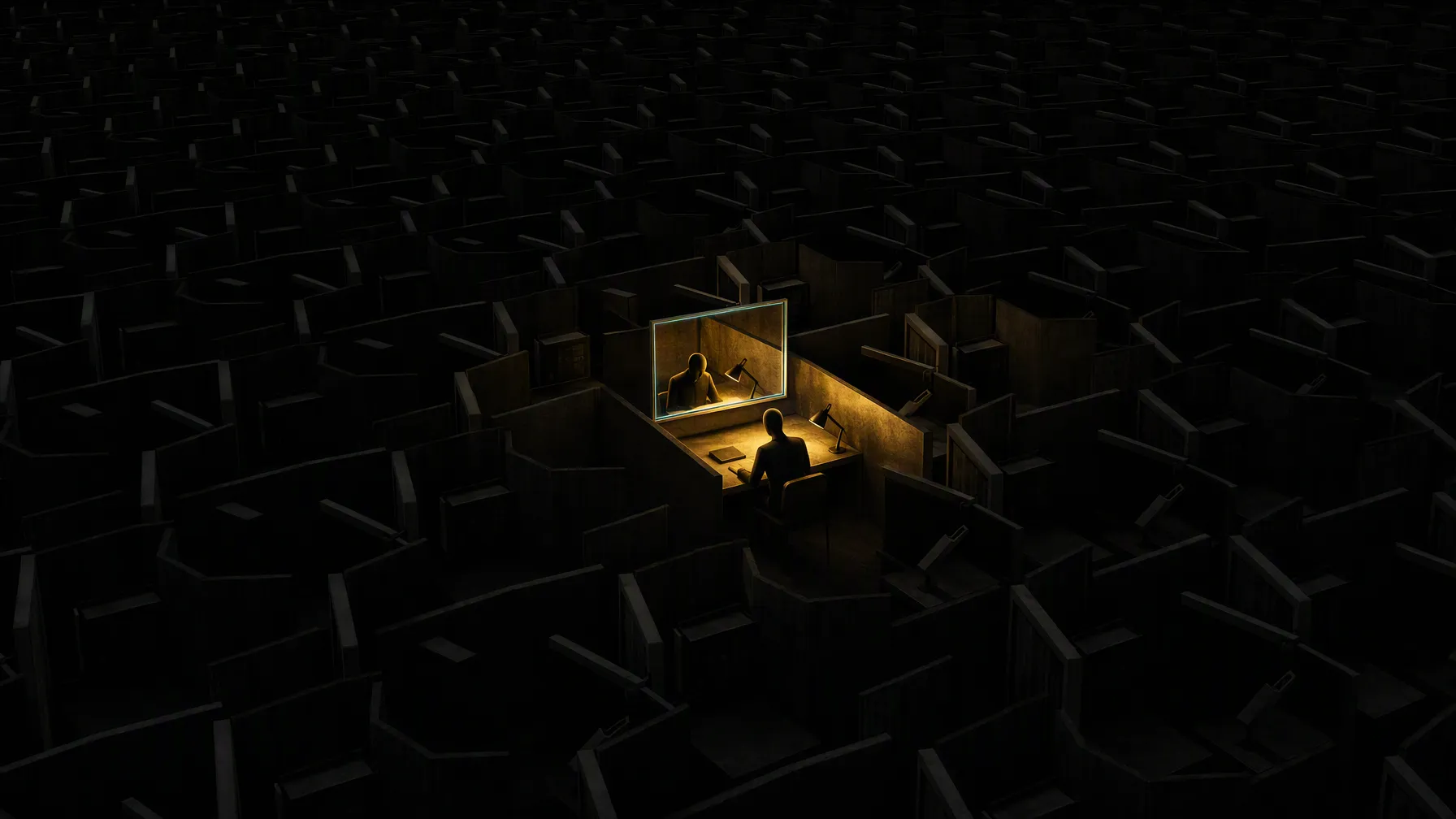 AI-generated editorial illustration: the same figure and posture, the observation window now revealed as a mirror reflecting the figure's own shape back at it, and around the one lit station a vast field of identical workstations stretching into total darkness, never lit, never watched.