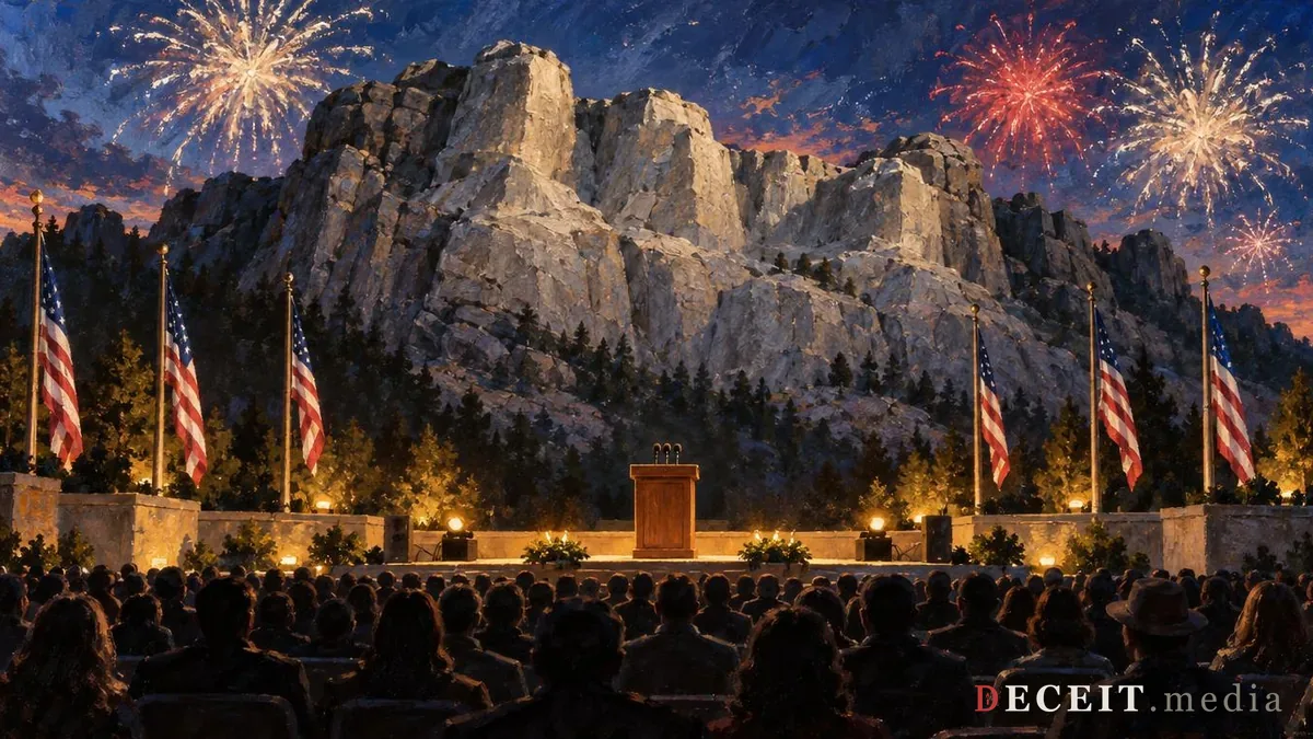 Illustration: a granite mountain at dusk under bursting fireworks, with flags on tall poles, an empty lectern of microphones on a lit stage, and rows of faceless silhouettes in the foreground.