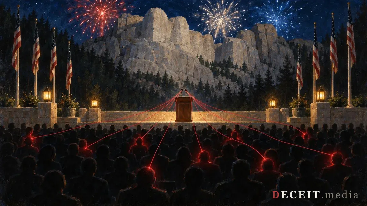 Illustration: the same scene with thin crimson threads running from the lectern microphones out over the crowd, each one ending at a single silhouette lit in red while every other stays in shadow.