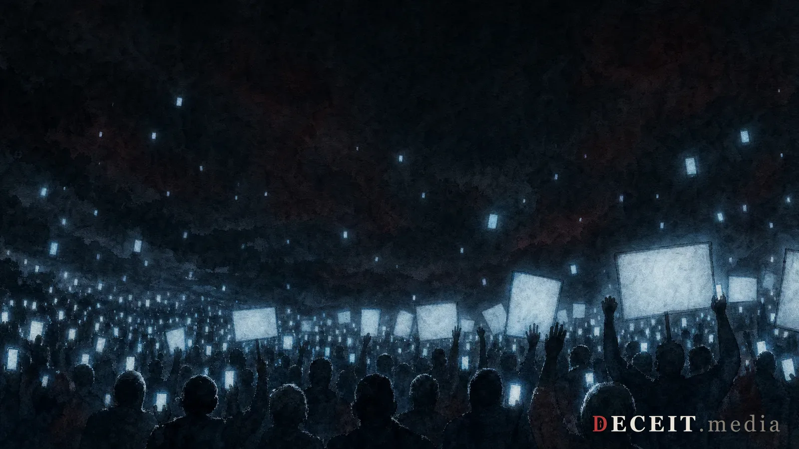 The same movement revealed as a viral groundswell across platforms. Behind the hopeful crowd, dark social media screenshots from Threads, Twitter, Reddit, TikTok, Instagram, Facebook.