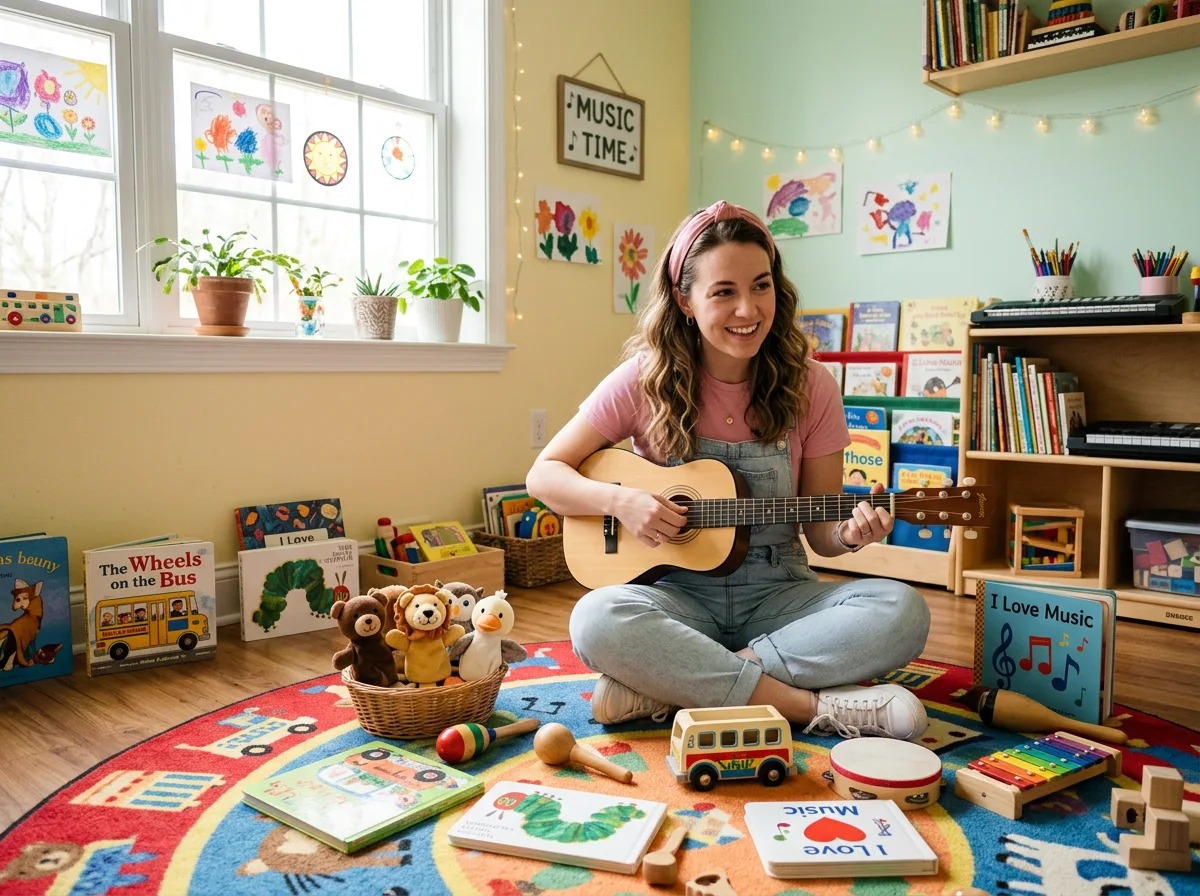 A bright children's music classroom with a woman in a pink headband and overalls holding a guitar.