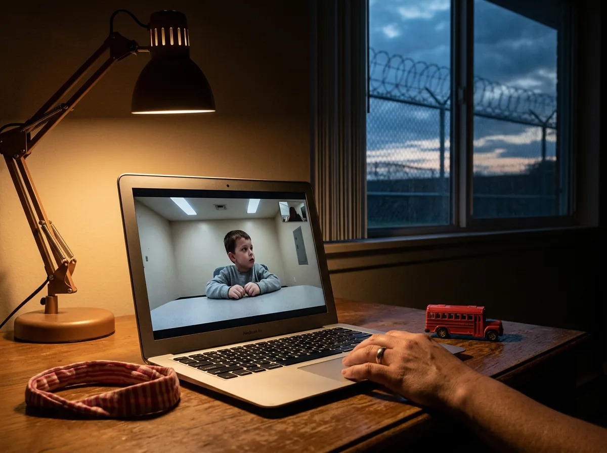 A laptop shows a video call with a detained child in a sterile facility room; barbed wire is visible through the window behind the desk.
