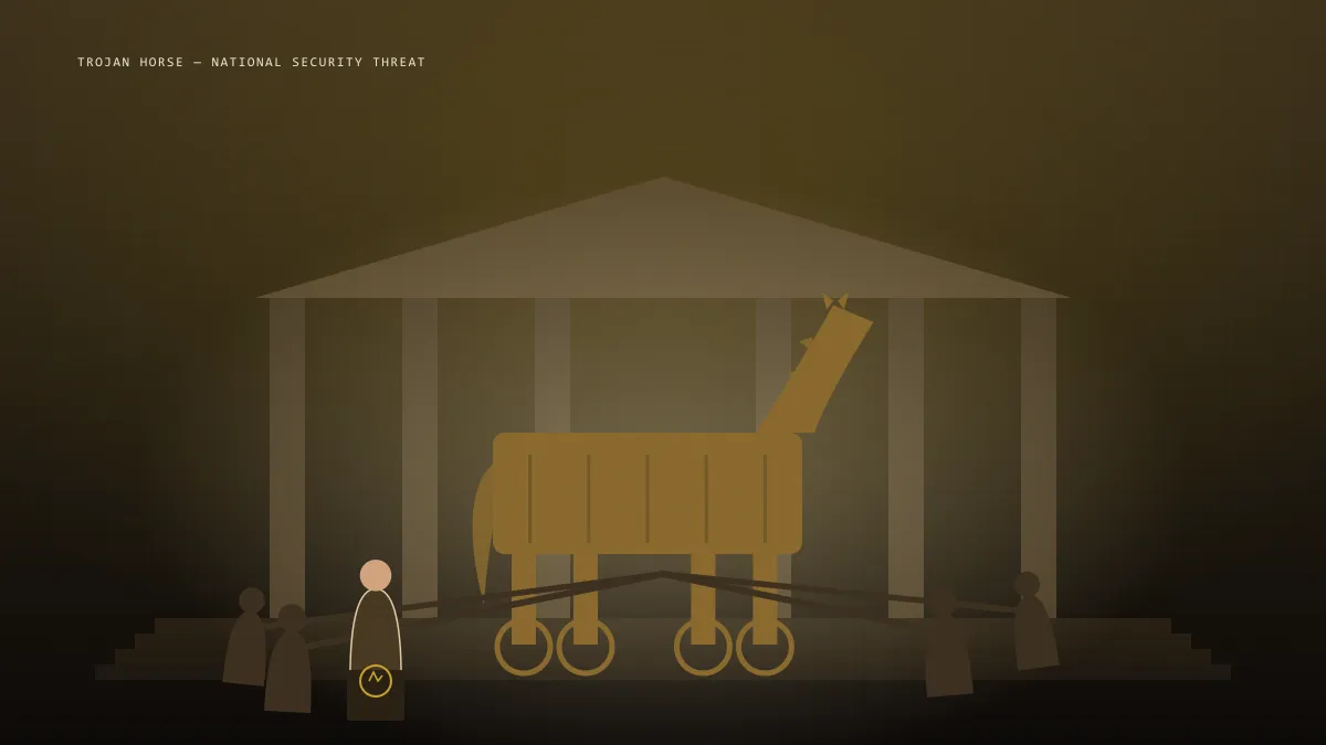 A monumental gold trojan horse lit like a campaign hero shot on the steps of a generic capitol building, faceless suited figures pointing at it in alarm, a small podium figure with a circular seal at its collar.